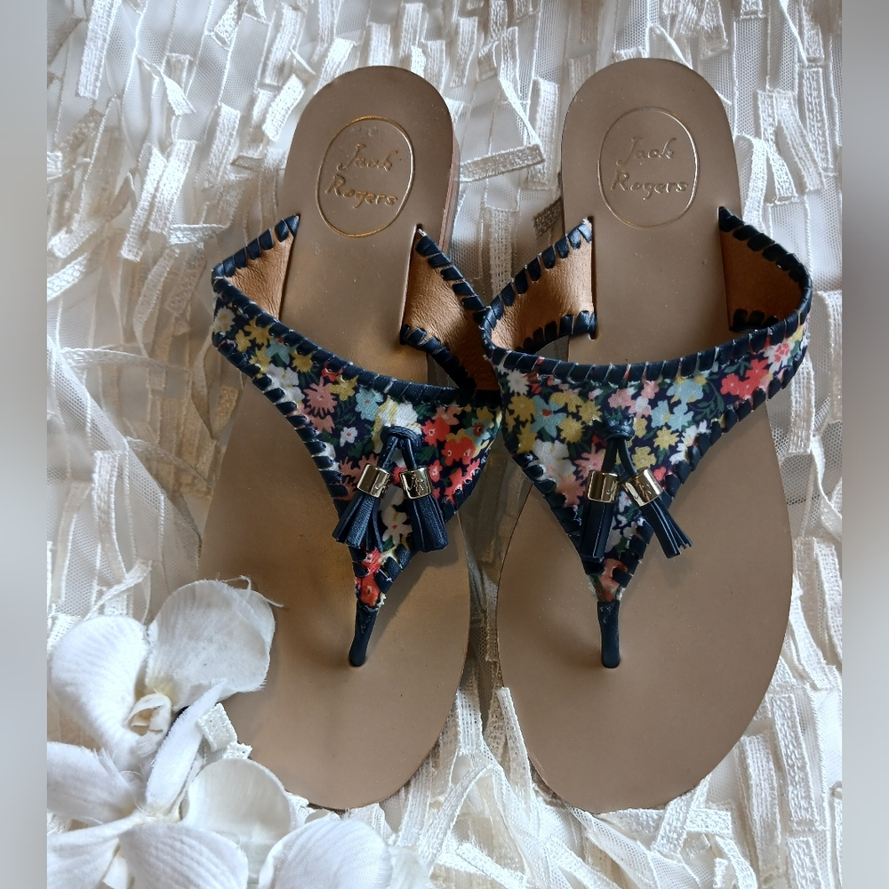 Jack Rogers Navy Floral Tassel Thong Sandals